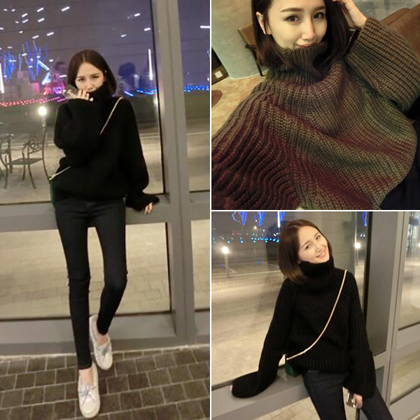 2016冬装新款宽松显瘦加厚高领套头毛衣韩国纯色针织衫外套女学生