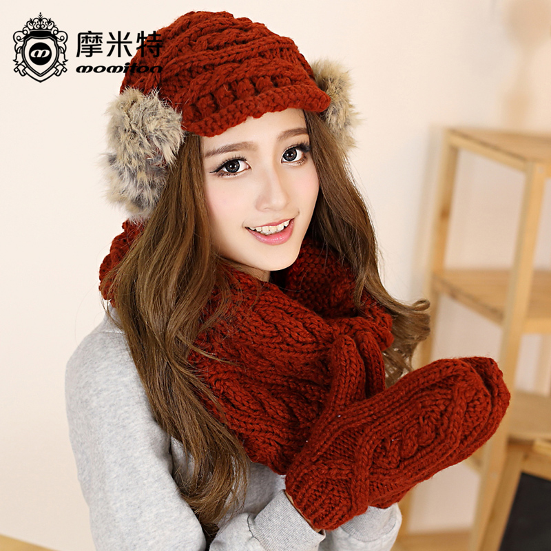 摩米特 秋冬季韩版女士时尚保暖毛线套装 兔毛卷檐三件套