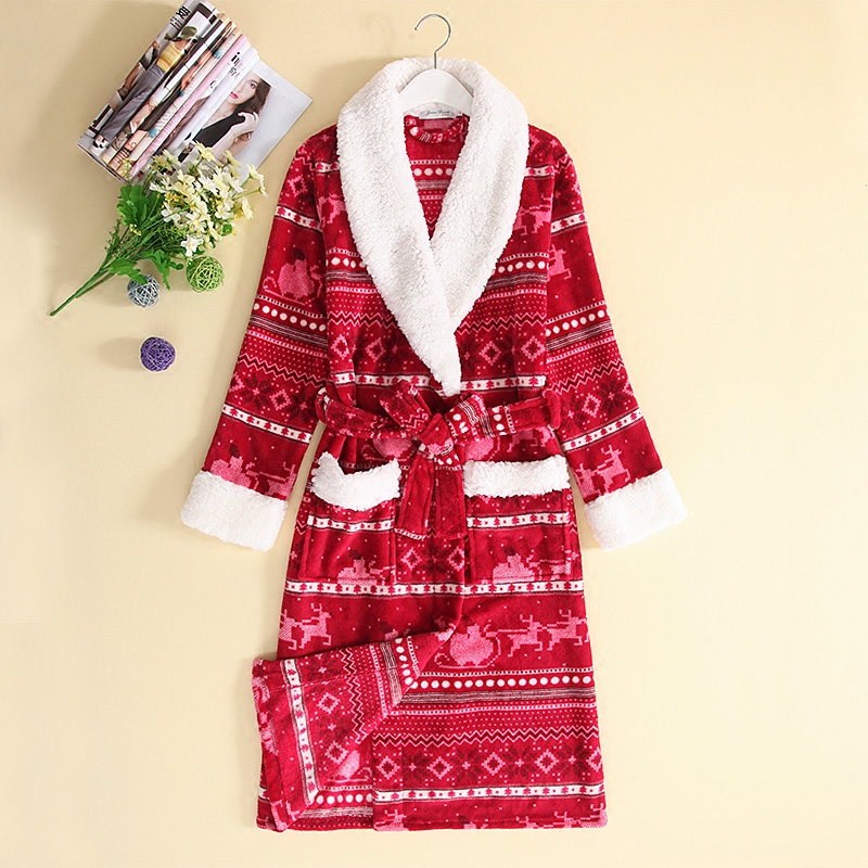 红色新款秋冬季女士加厚珊瑚绒睡袍羊羔绒 睡衣家居服印花浴袍女