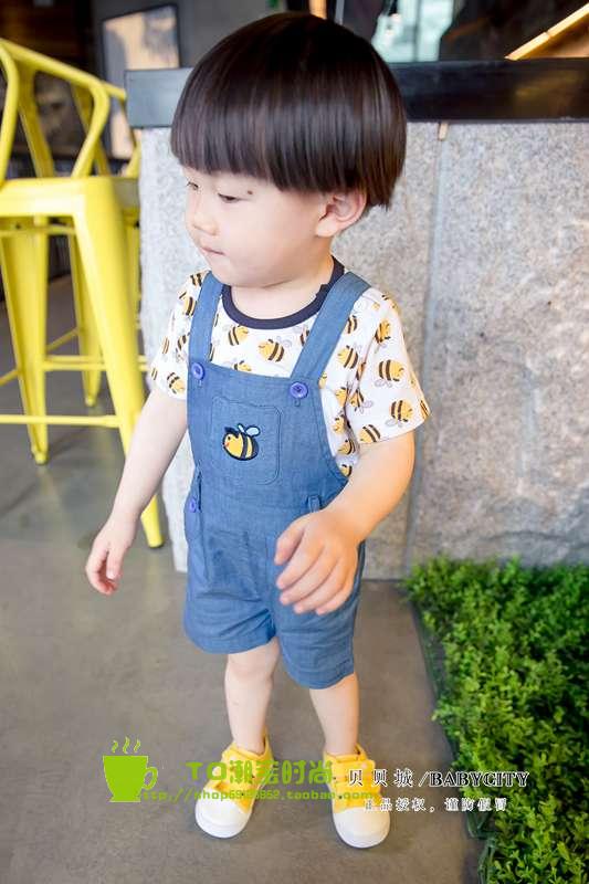 新款夏季儿童两件套韩版男女童小蜜蜂宝宝背带裤短袖短裤时尚套装