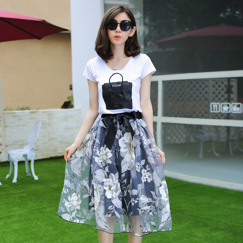 2015夏季新款 韩版欧根纱连衣裙夏 欧美修身复古印花两件套连衣裙