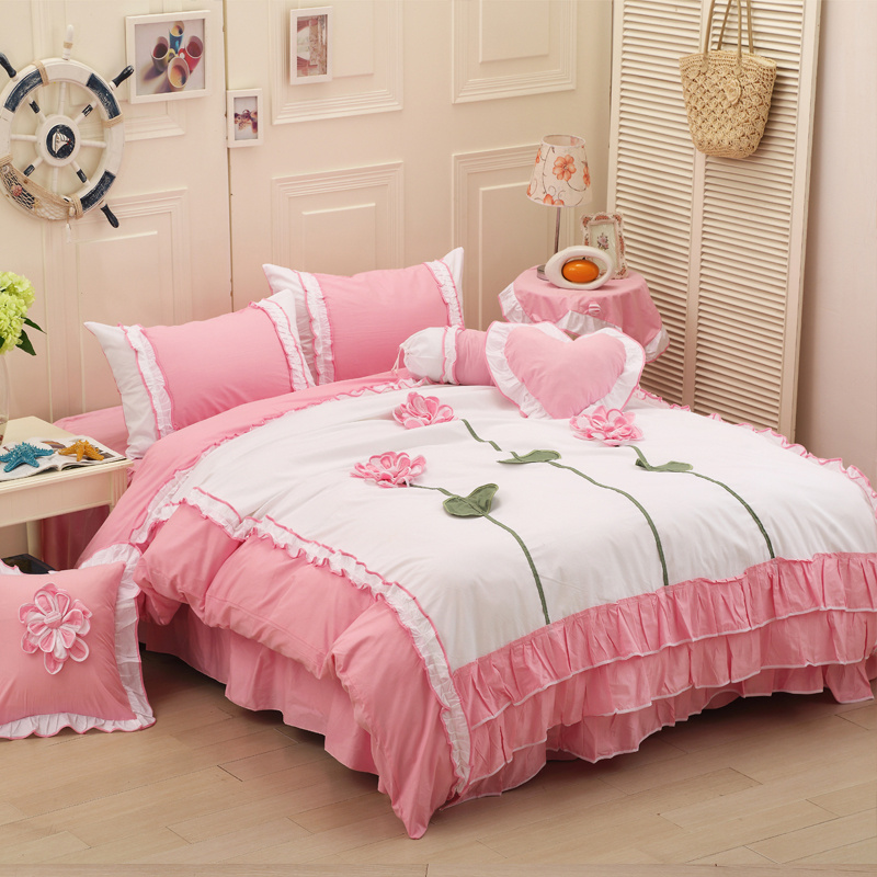 韩版纯棉花朵四件套公主粉色可爱床裙床罩床上用品