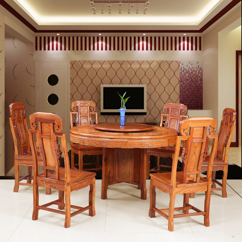 红木圆桌非洲花梨木餐桌椅组合明清古典客厅家具海鲜图案象头饭桌