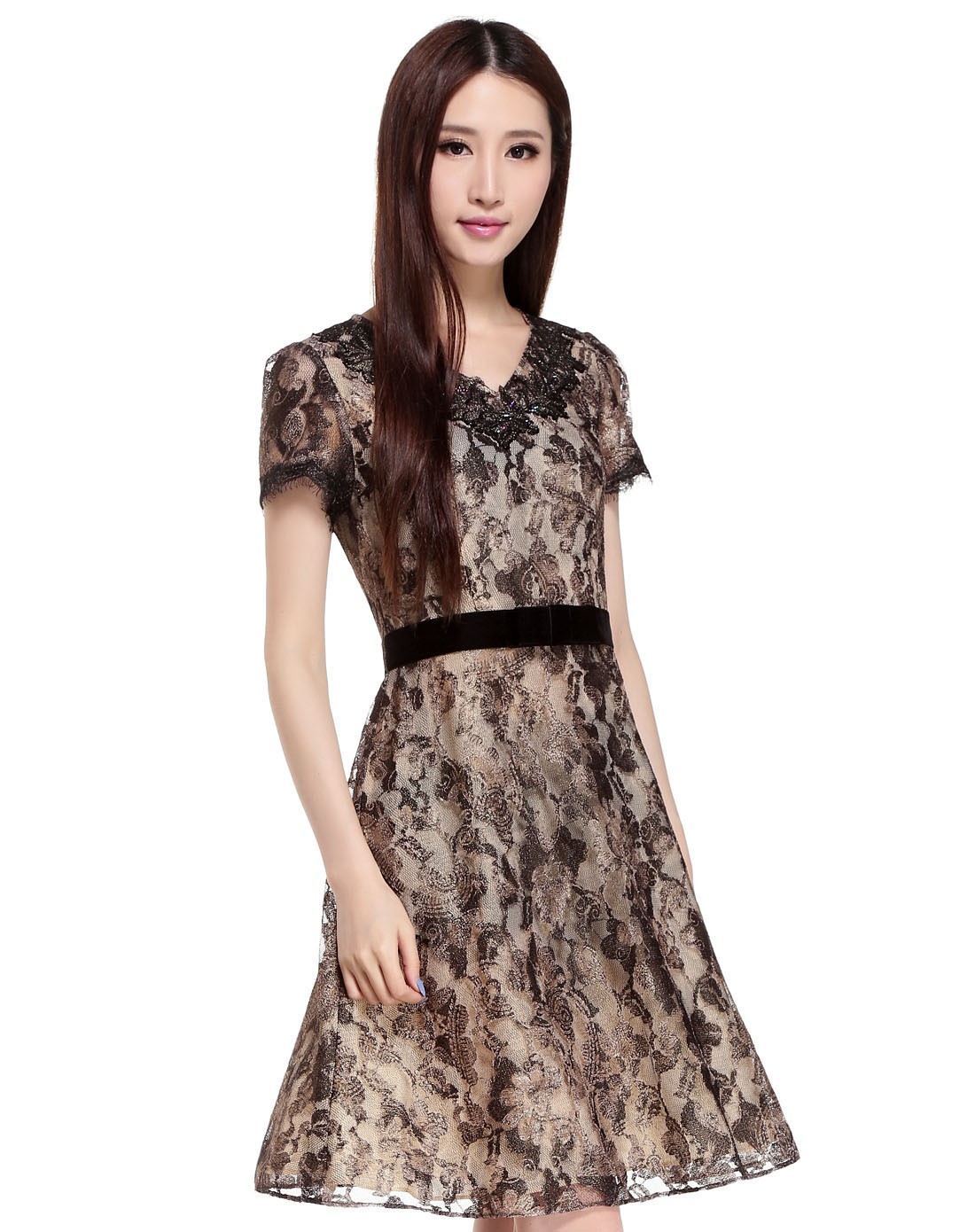 武汉红人专柜正品 2015新款夏款特卖 蕾丝V领连衣裙 H320L307 特