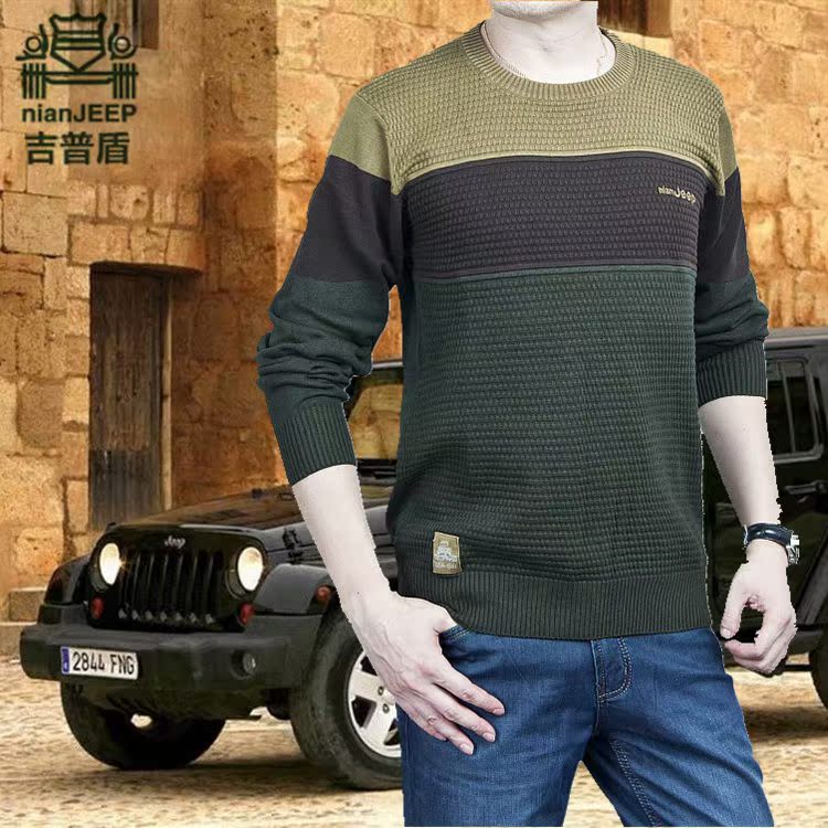 秋季新款nian jeep 吉普 盾 正品男士针织长袖t恤衫纯棉圆领条纹