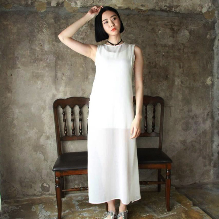 韩国vitta长款雪纺连衣裙2015春夏复古经典气质款两件套性感长裙