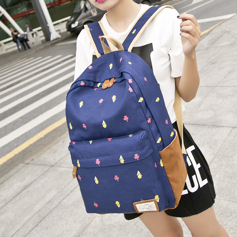 2015韩版潮小清新学生书包帆布双肩包女学院风印花休闲旅行包背包
