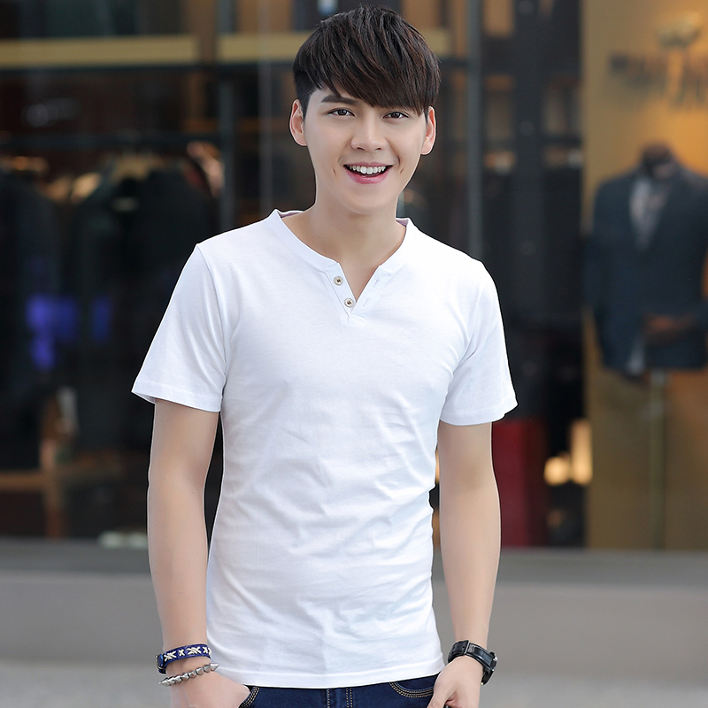 男士短袖T恤夏季韩版纯棉潮品牌V领修身打底衫纯色半袖上衣服体恤