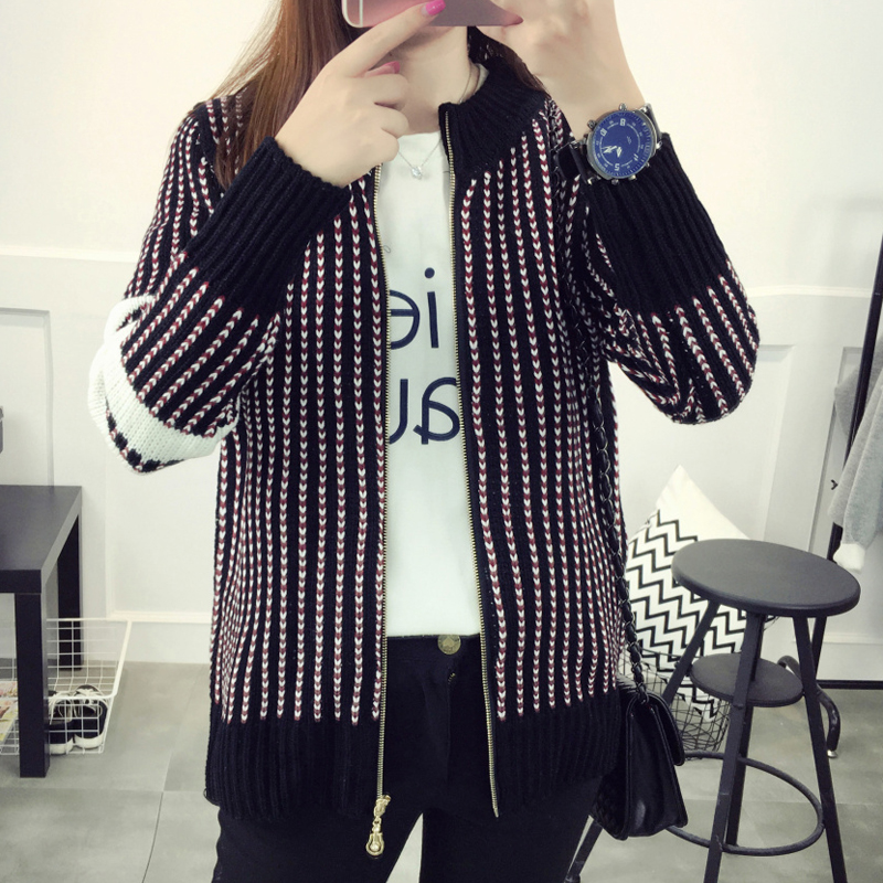秋冬2016新款韩版女装上衣宽松长袖条纹秋天针织毛衣外套