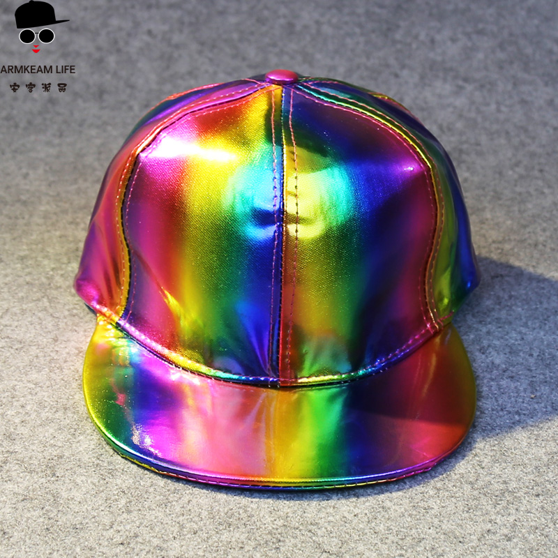 2015新款彩虹色皮质棒球帽韩版复古鸭舌帽个性嘻哈帽潮流韩国帽子