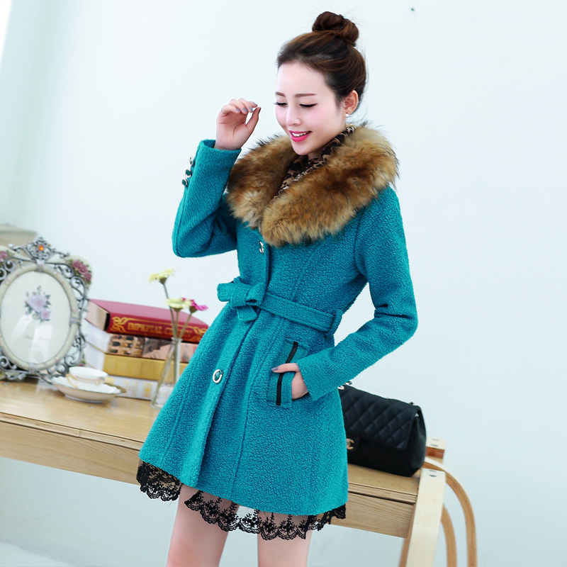 2014韩版修身女装休闲时尚显瘦外套呢大衣毛领蕾丝下摆女秋装