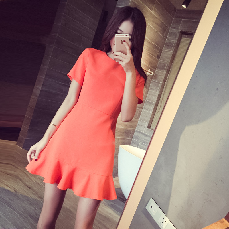 6度2015夏装新款韩版收腰裙子修身显瘦公主裙橘色短袖连衣裙