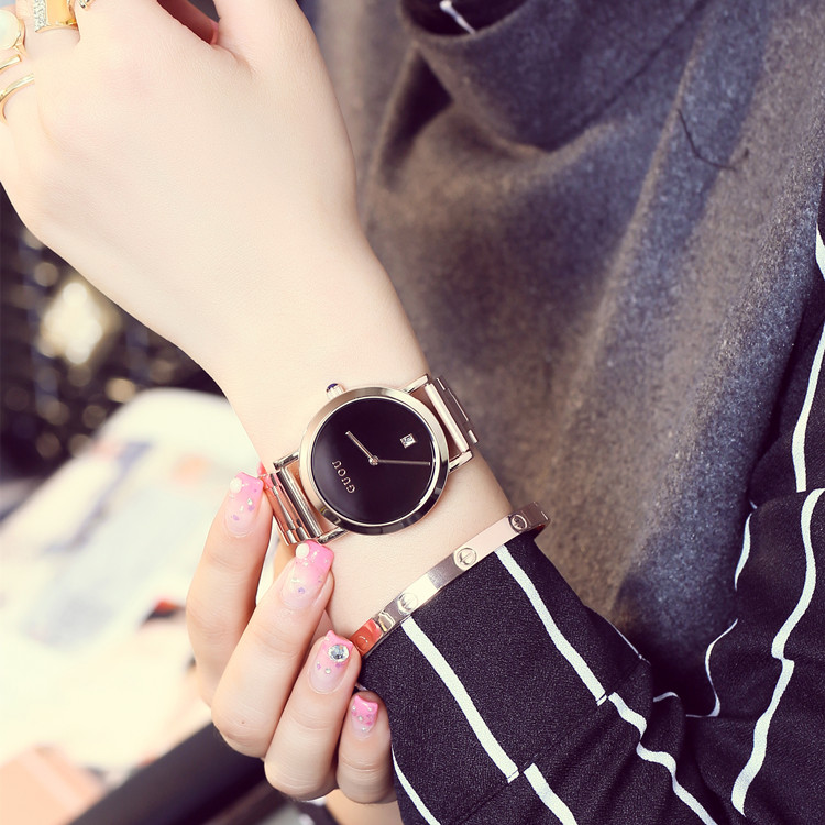 GUOU韩版时尚潮流学生手表女简约黑色日历防水钢带石英手表女复古