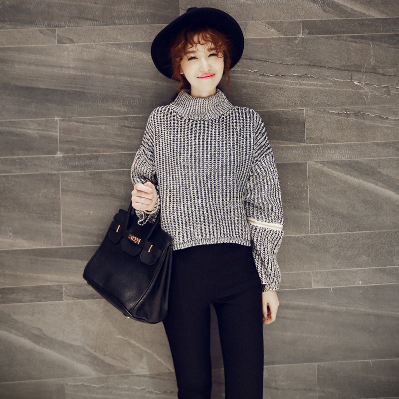 2015秋装新款韩版 宽松套头高领毛衣短款 袖子拼接两用针织衫女
