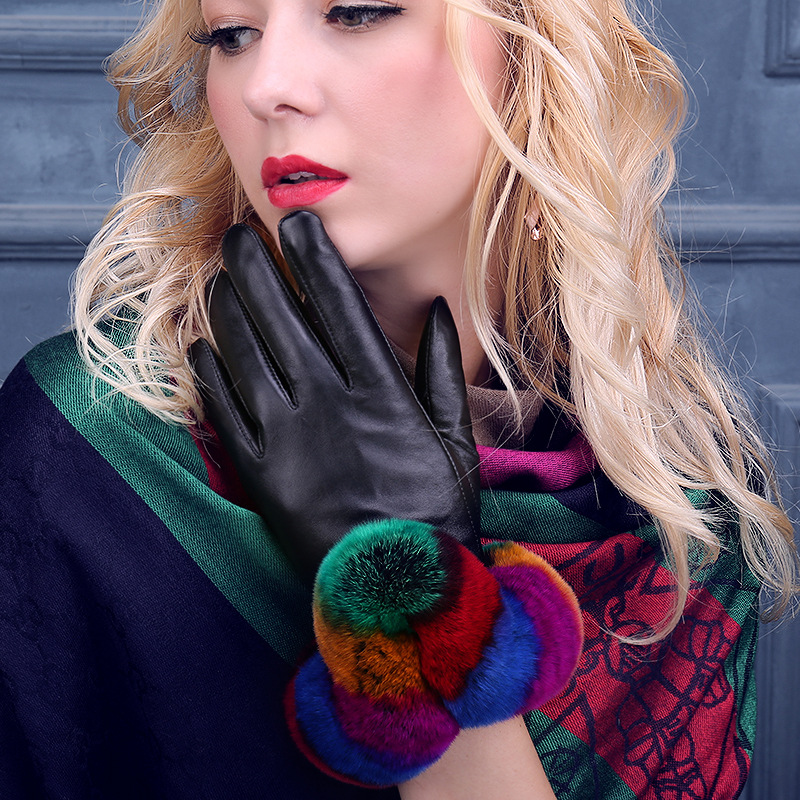 2016新款厂家直销冬季女士保暖加厚大獭兔触摸屏韩版可爱真皮手套