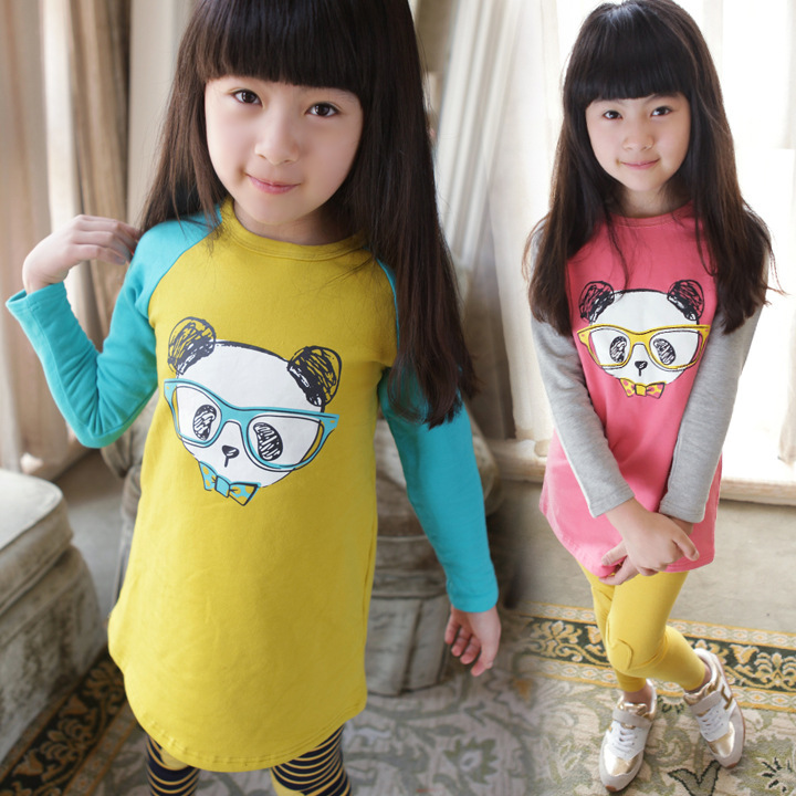 2015秋装新款童装 韩版女童可爱小熊撞色儿童长款卫衣 大童打底衫