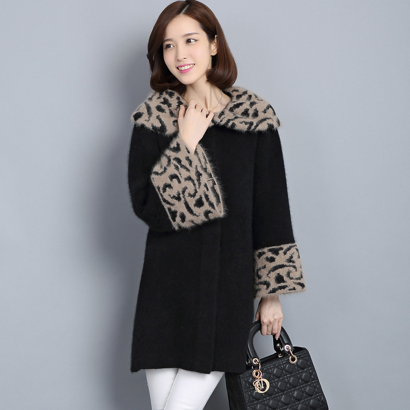 2014新款特价韩版豹纹长毛貂绒保暖中长款贵妇气质毛衣外套