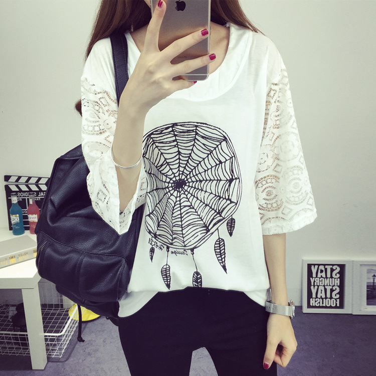 2016夏季新款中袖女士纯棉上衣蜘蛛网蕾丝大码半袖T恤女韩版女装