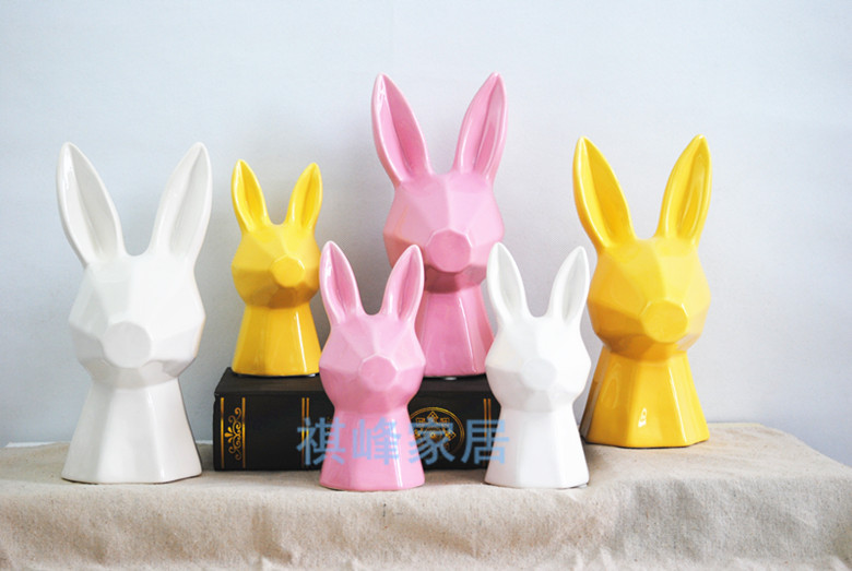 极简亮光黄色 白色 粉色陶瓷多棱抽象后现代长耳兔子 儿童房饰品