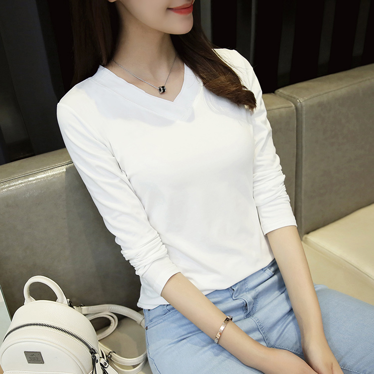 2016新款韩版修身棉纯色V领女长袖t恤休闲打底衫上衣