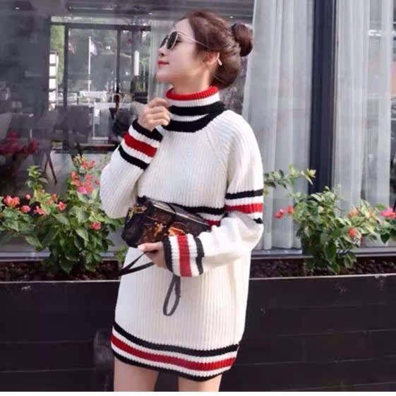 韩国冬装新款高领中长款撞色条纹白色粗毛长袖套头毛衣针织女