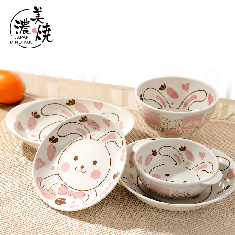 美浓烧日本卡通碗饭碗儿童餐具面碗盘子套装陶瓷碗带耳碗盘菜盘子