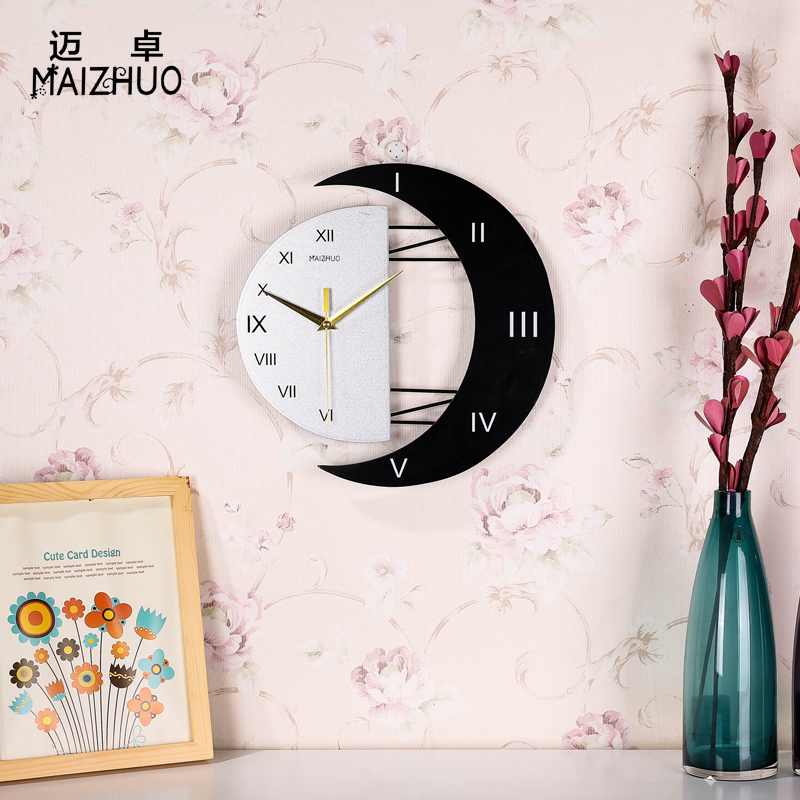 日月客厅钟表创意挂钟时尚挂表艺术时钟电子钟静音现代装饰壁钟