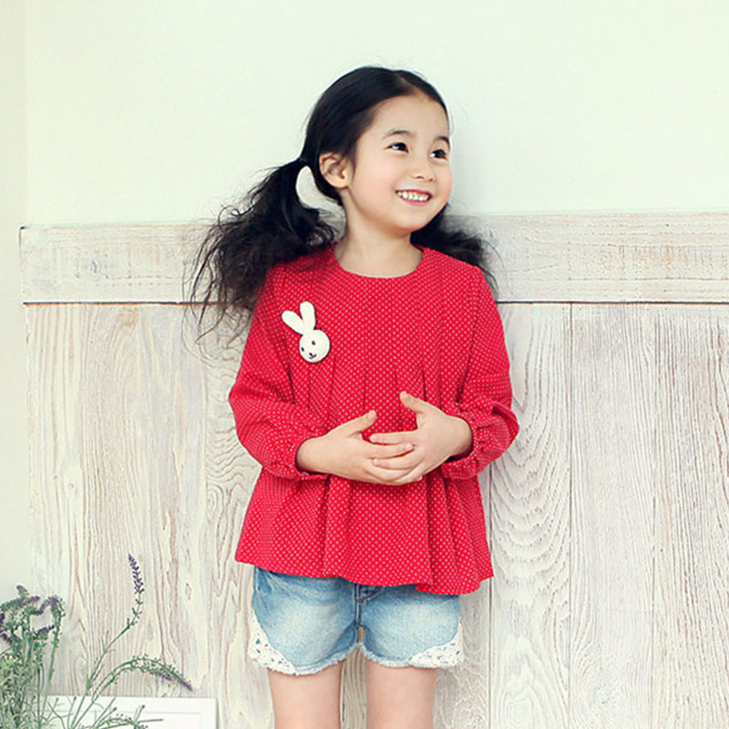 2015秋韩版女童娃娃衫儿童纯棉星星点点宽松长袖上衣小白兔子童装