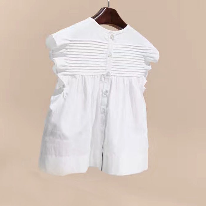 2017夏新款童装 女童经典短袖衬衫 白色百褶皱上衣 现货