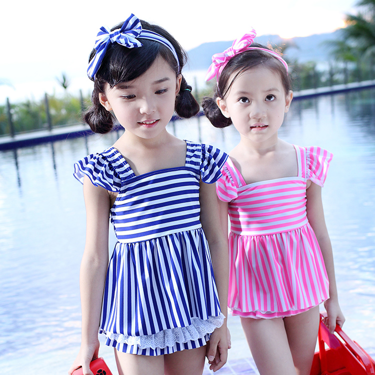 包邮/正品 韩国设计新款儿童泳衣 甜美条文分体泳衣 公主儿童泳衣
