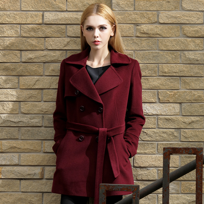 2015秋冬新款韩版修身羊绒大衣女羊毛大衣系带双排扣毛呢外套大码