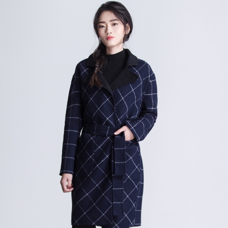 麦素2015新款格子手工双面羊毛大衣女中长款大衣毛呢外套呢子大衣
