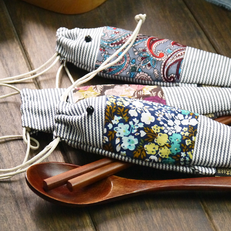 新品 创意可爱便携木筷子勺子套装 日式布袋餐具套装 筷子套