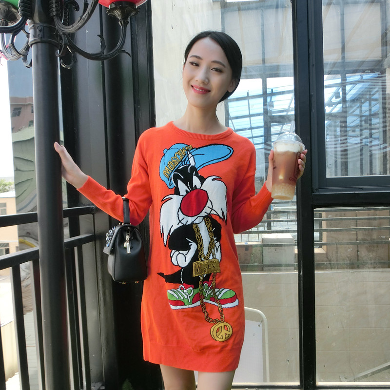 2015秋冬装新款韩国卡通修身中长款毛衣裙打底包臀长袖针织连衣裙