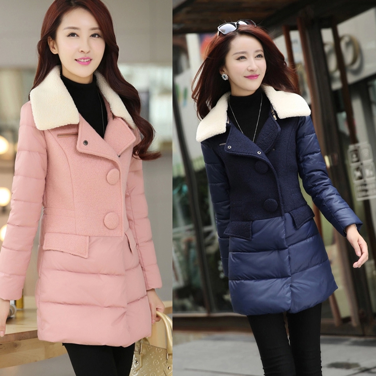 2015时尚冬装韩版毛呢拼接毛领羽绒服女式中长款保暖外套修身正品