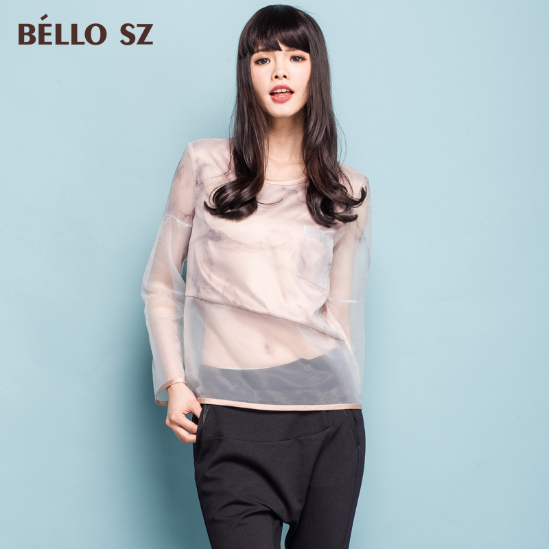 品牌bello sz贝洛安2015秋装新款时尚圆领性感透视印花T恤女装潮