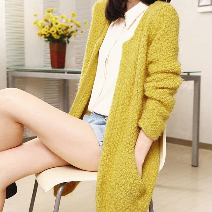 外套2014秋装新款韩版女长袖中长款开衫针织衫马海毛毛衣加厚