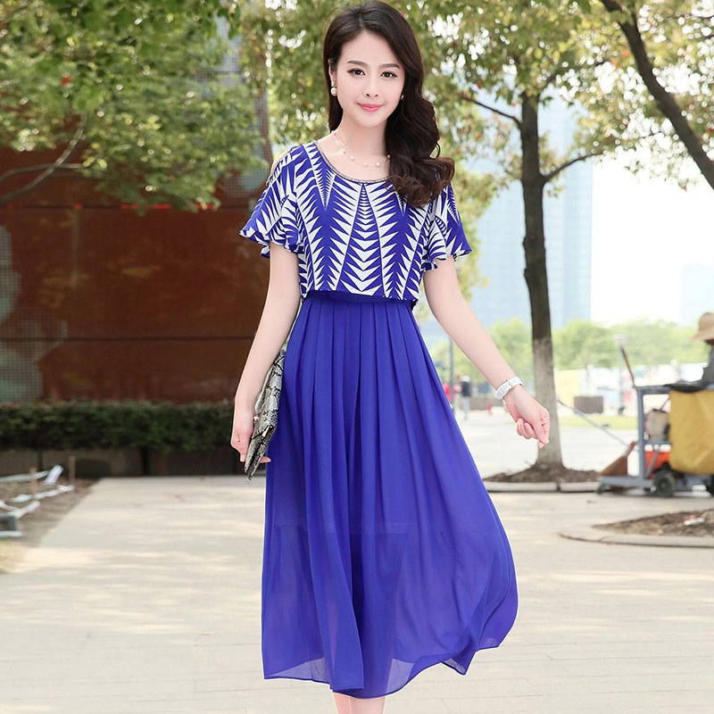 2015夏季新款女装韩版修身气质淑女裙子短袖雪纺连衣裙夏装中长裙