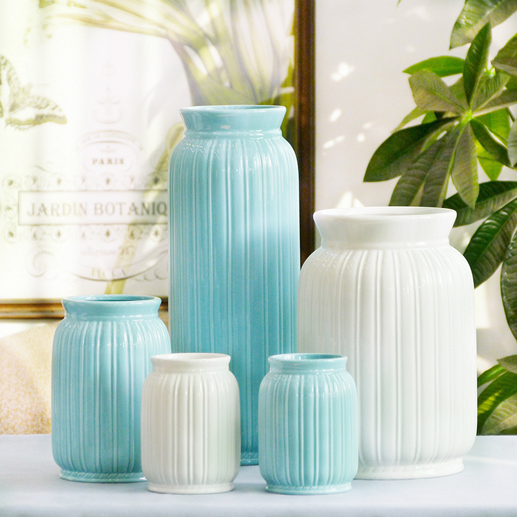 美式乡村极简条纹白色蓝色陶瓷花瓶仿真花瓶假花瓶家居摆件工艺品