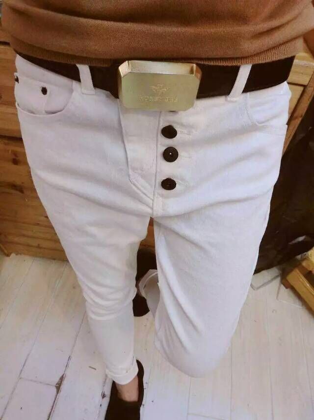 2015秋季白色排扣韩版牛仔垮裤纯色白铅笔长裤潮【 实拍】