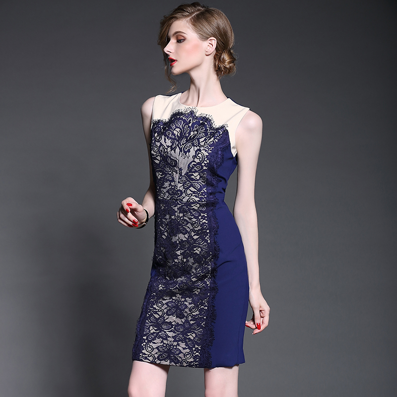 2015夏季新款欧美品牌女装 蕾丝镂空贴花背心裙 圆领无袖连衣裙