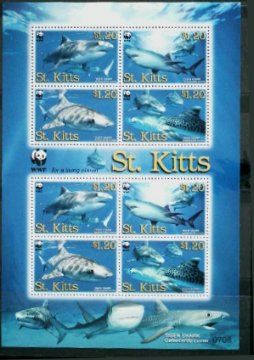 S9553圣基茨2006WWF熊猫徽海洋动物鲨鱼-虎鲨8票Ms