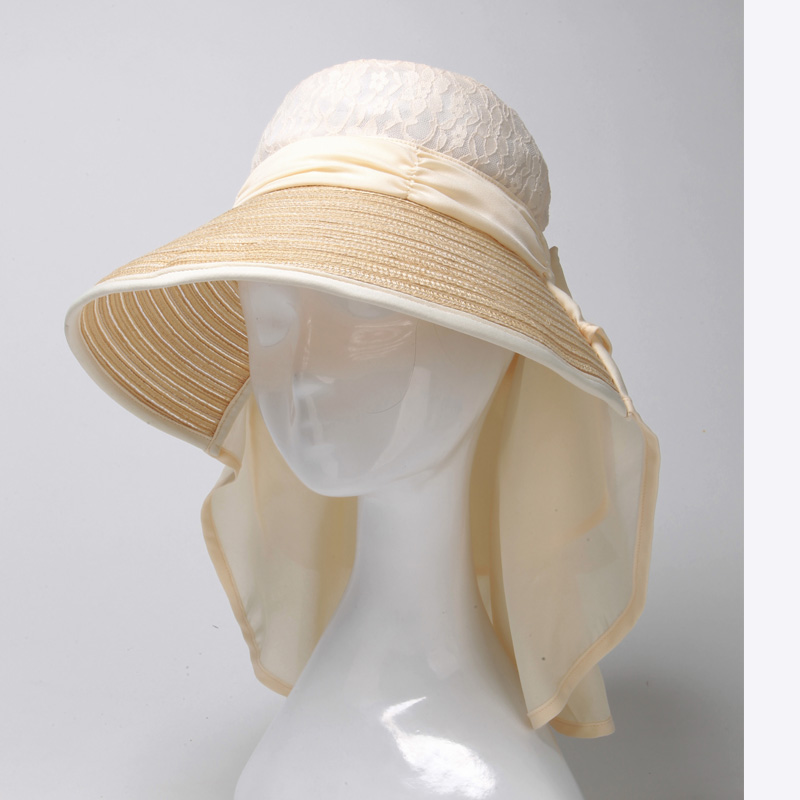 宝泽 夏季女防晒帽子可折叠大檐面纱太阳帽防紫外线蕾丝遮阳帽 潮