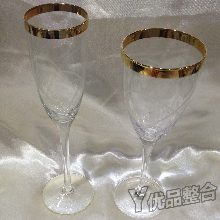 样板房餐桌配饰玻璃刻花酒杯 精致高档红酒葡萄酒杯香槟杯金色