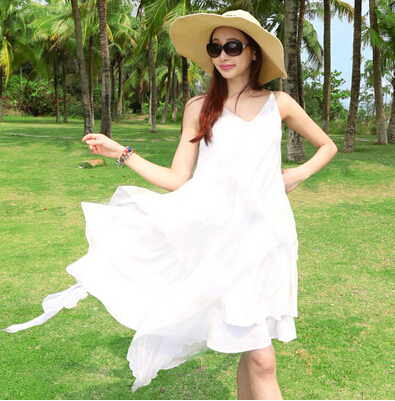 海边度假沙滩裙短裙马尔代夫纯色白色连衣裙吊带中长裙燕尾海边裙