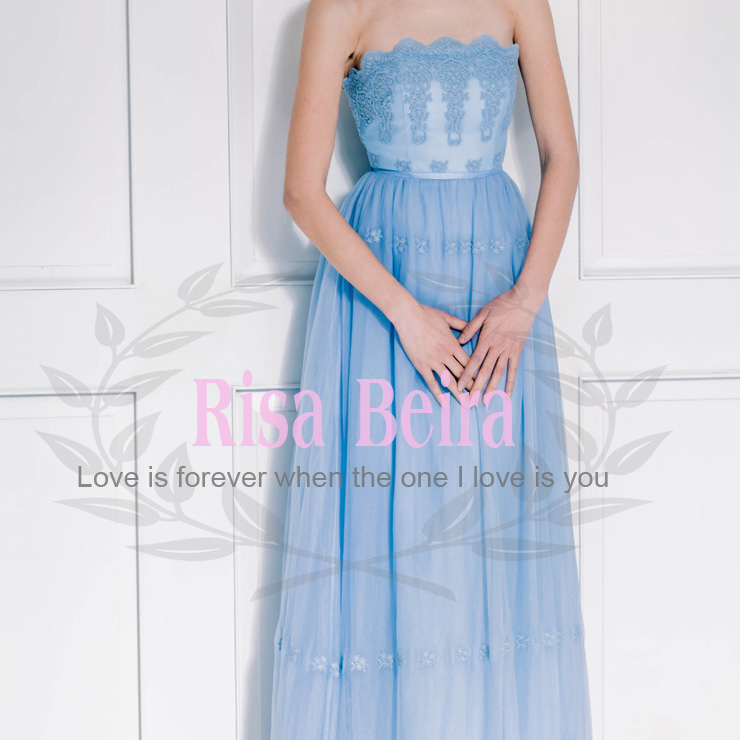 Risa瑞莎贝拉设计师原创独家实拍清新优雅蓝色蕾丝抹胸长裙晚礼服