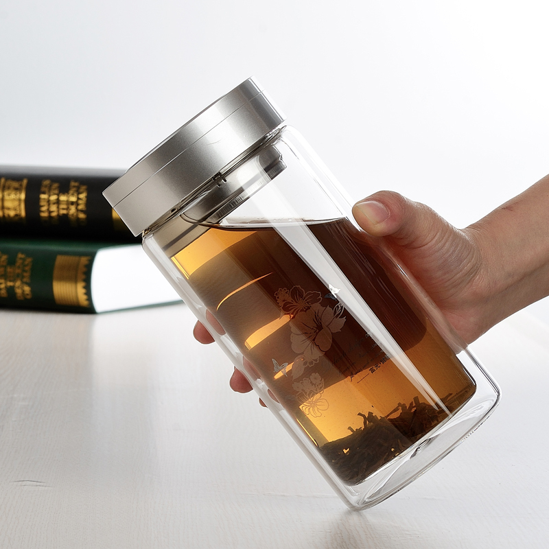 富光正品水杯双层玻璃杯带盖茶叶隔过滤网直身杯特大号水杯680ml