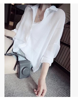 2014夏装欧美女子衬衫 长袖白色上衣中长款透视蝙蝠袖雪纺衬衣薄