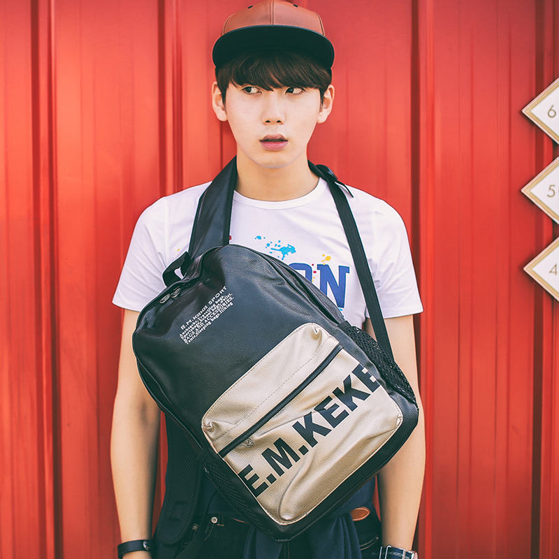 日式韩版男包 2015新款潮流男士PU皮学院双肩背包学生书包旅行包