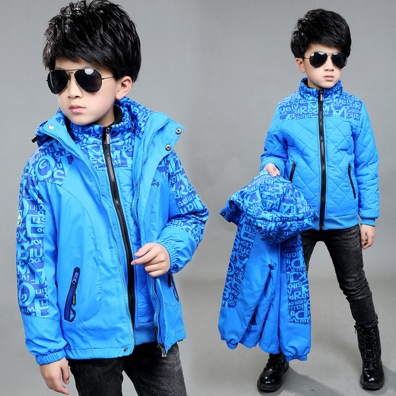 童装男童冬装外套2015新款中大童可拆卸冲锋衣棉衣外套两件套加厚